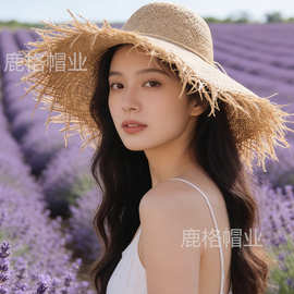 2026拉菲草大檐草帽女夏季海边沙滩遮阳防晒帽欧美跨境可折叠帽子