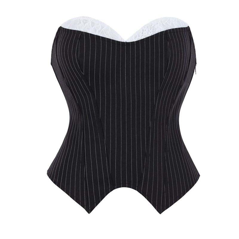 Suit-Style Striped Lace Patchwork Faux Two-Piece Corset with Side Zipper Design, Party Dress with Built-In Shapewear