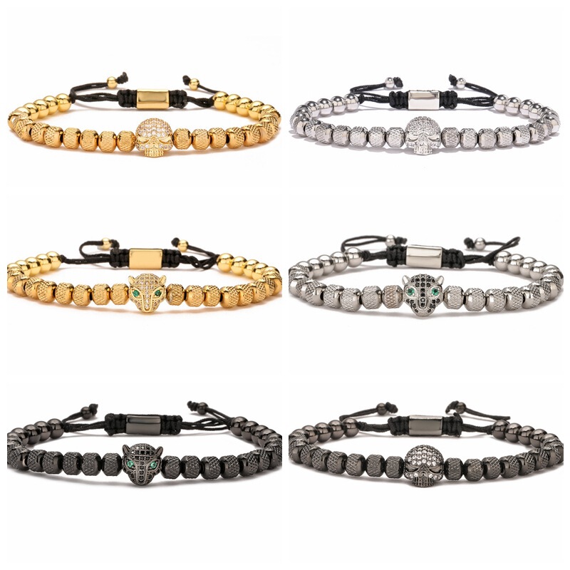 New Amazon Cross Border Copper Leopard Head Stainless Steel Pineapple Beads Men's Jewelry Bracelet Beaded Adjustable Bracelet