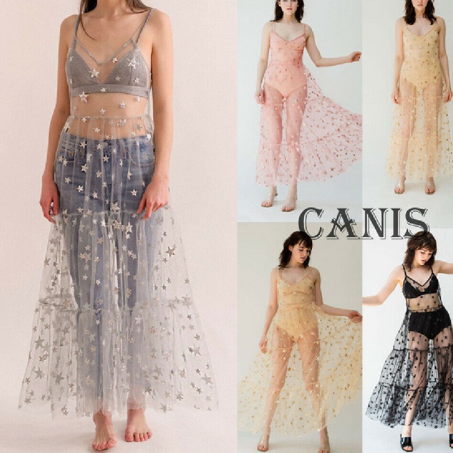 2022ins Street Strap Mesh Bikini Blouse Star Perspective Mesh Sexy Slim Dress