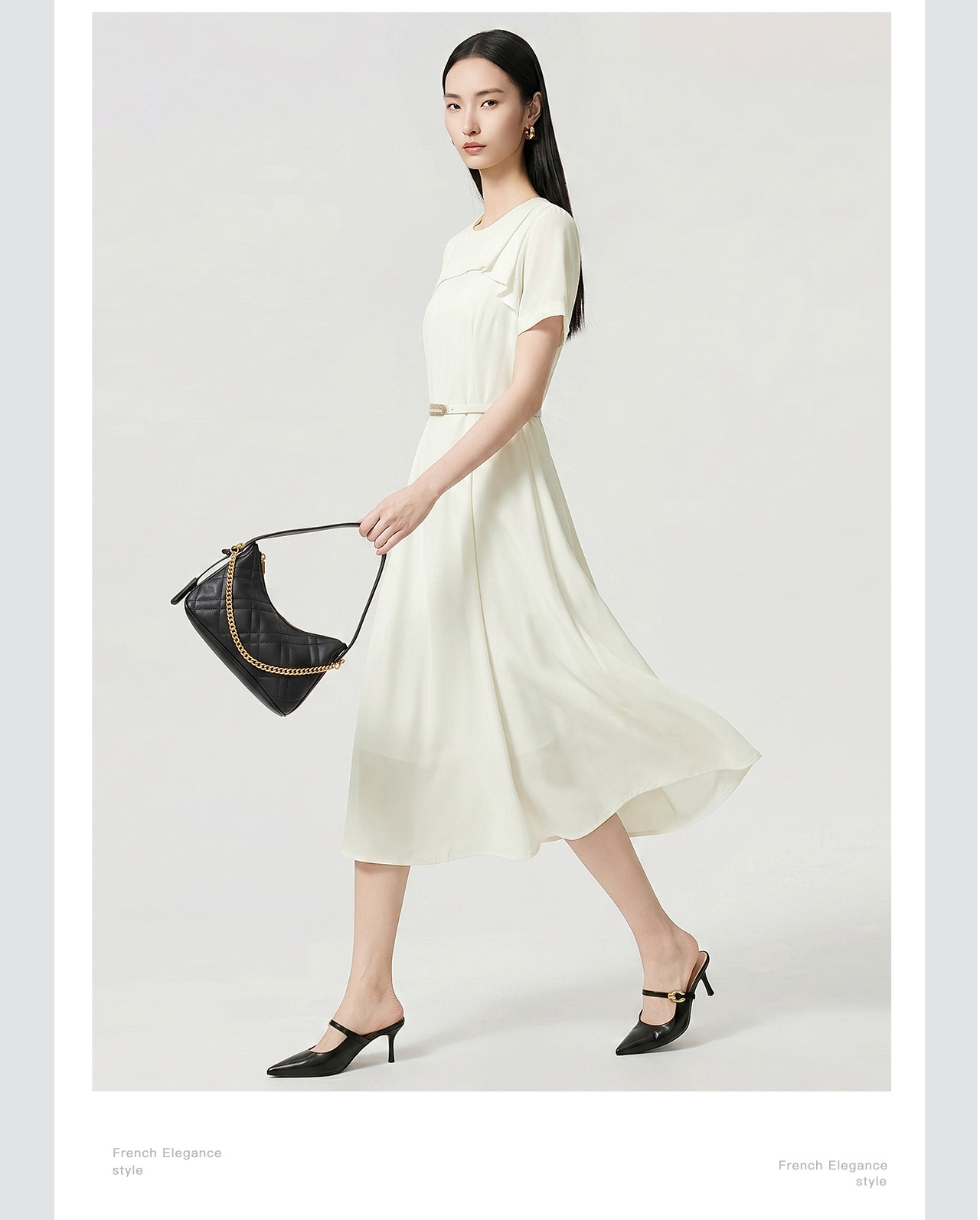 Đầm maxi nữ thắt eo chất liệu chiffon, cổ phiêu bèo nhún, tay ngắn — màu đen chi tiết 10
