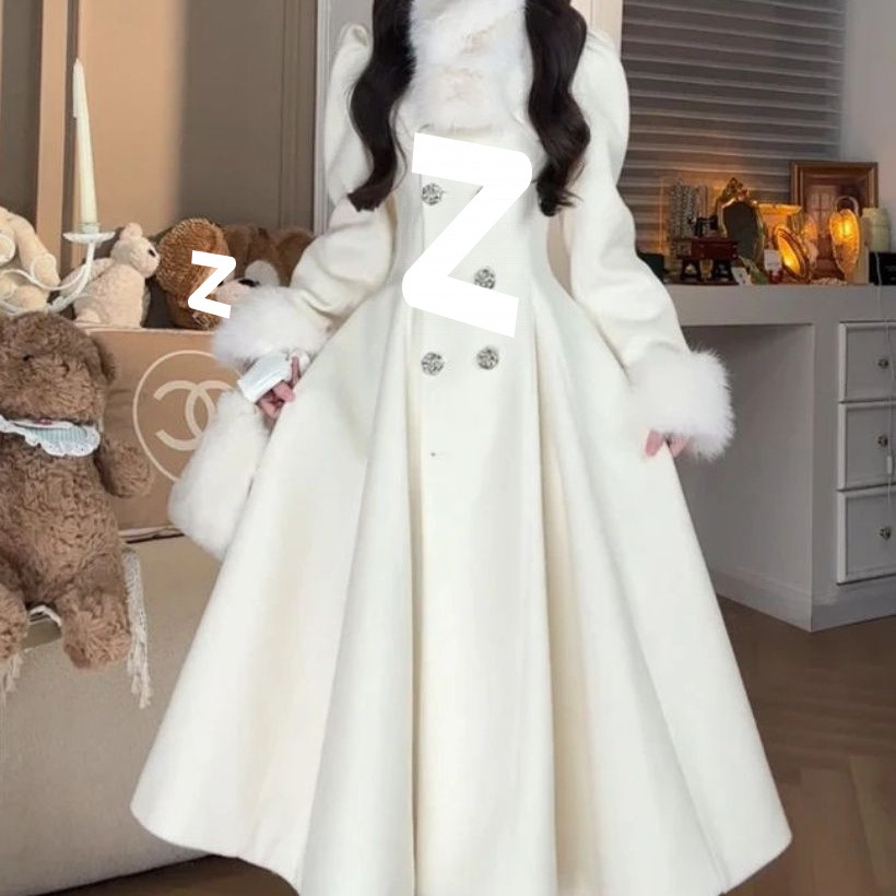 潮毛领名媛外套过膝摆网红裙甜美风衣呢子气质大毛呢大衣