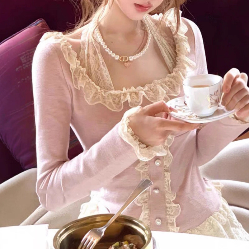 Soft Afternoon 320g High Weight Fake Two-Piece Lace Base Ruffled Versatile Halter Neck T-Shirt