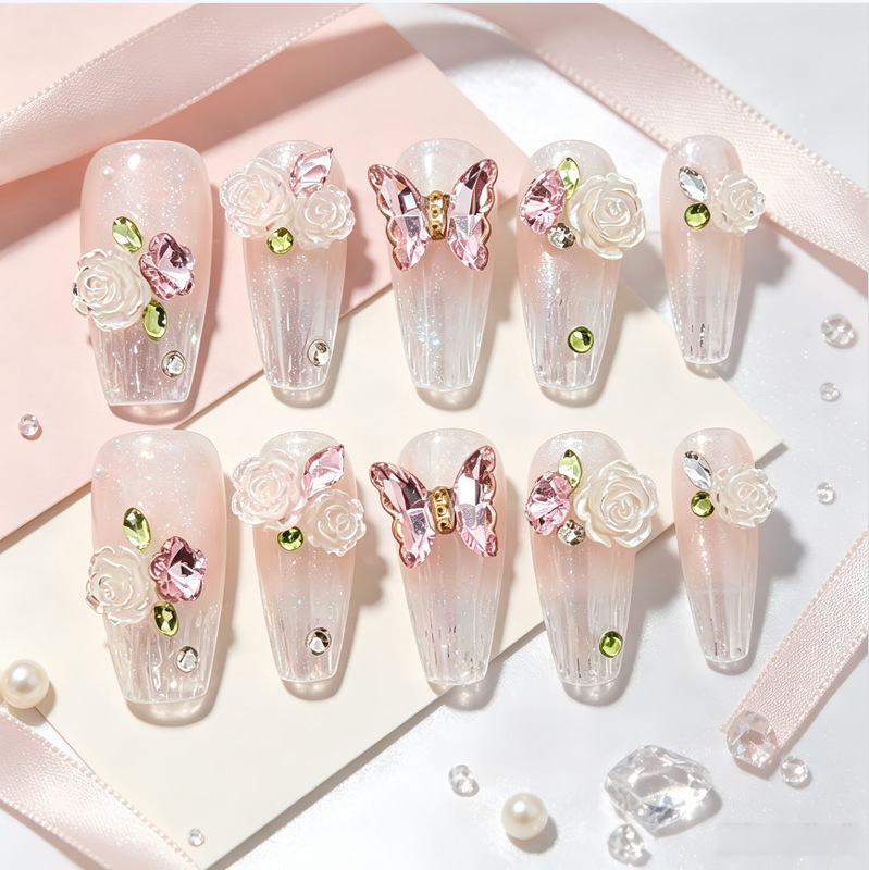 Gradient butterfly camellia nail art, glass-like 3D nail art, rhinestone-studded trendy press-on nails, short nail tips, direct from the factory Gradient butterfly camellia nail art, glass-like 3D nail art, rhinestone-studded trendy press-on nails, short nail tips, direct from the factory