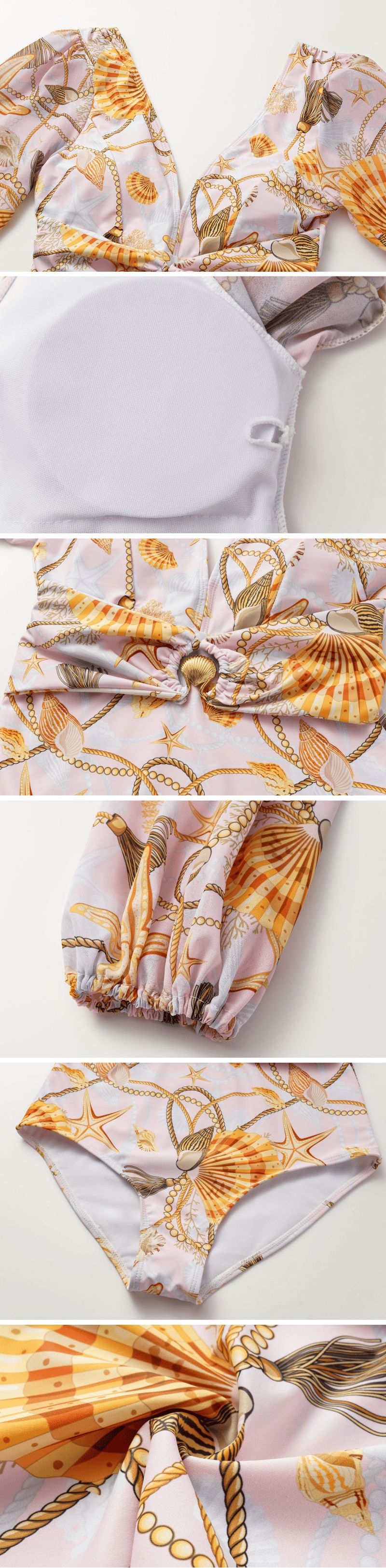 Women's Long-sleeve Shell Print Swimsuit With Built-in Bra_voghion.com