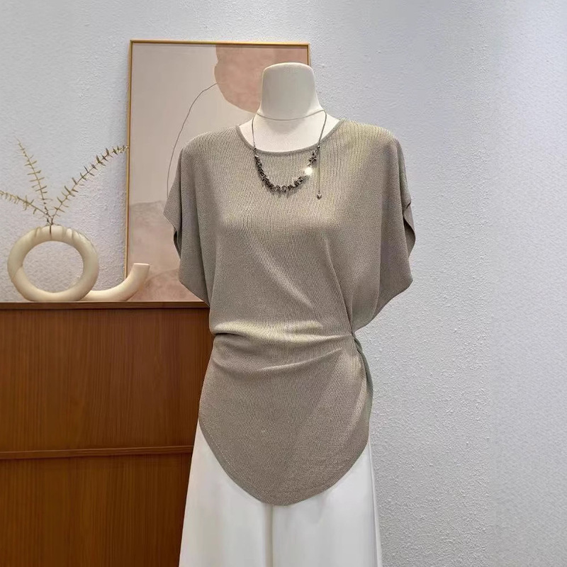 High-end Irregular Batmobile Shirt One-button Waist Collar Bead Knit Women's Summer New Lazy Top