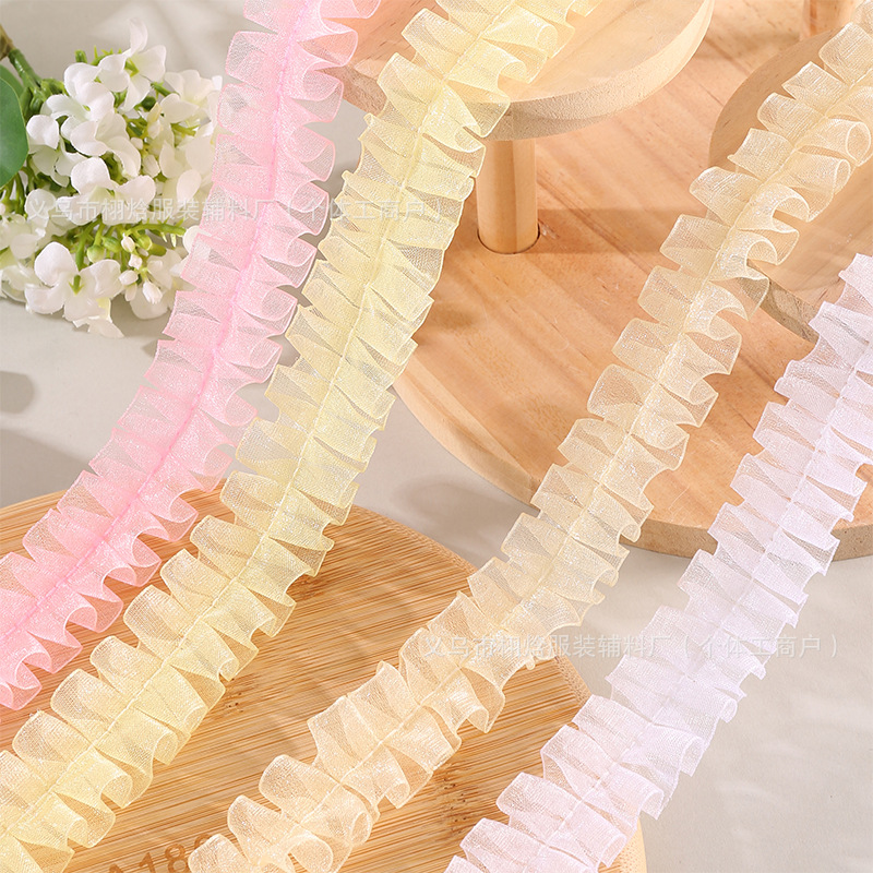 스팟 2.5cm 얇은 가장자리 투명 중간선 스노우 거즈 주름 레이스 수제 diy 의류 피쉬본 할인 레이스 액세서리