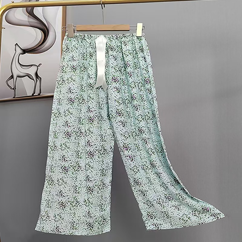 Pijama de seda de algodón para mujer, pantalones anchos de mujer embarazada de seda de algodón con estampado fino de verano