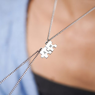 European and American new simple geometric puzzle necklace diy engraving couple bestie necklace stainless steel two-piece set wholesale