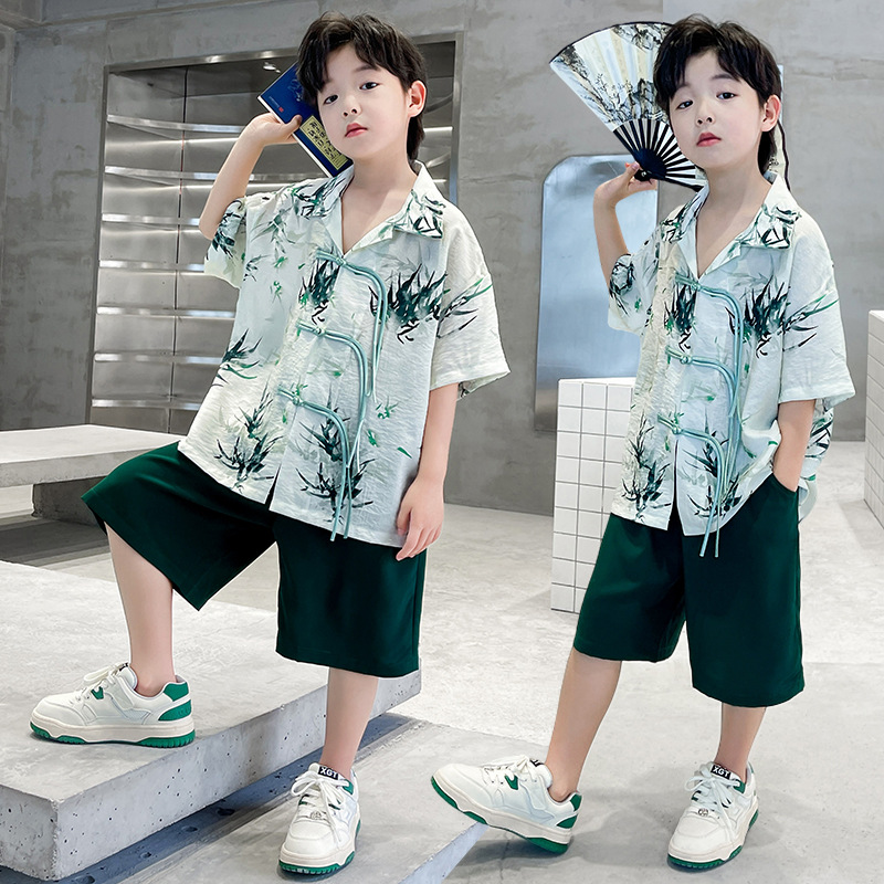男童唐装夏季2024新款复古中国风中大童改良汉服演出服短袖两件套