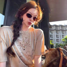 高品质RL拉夫天使马钻短袖t恤夏季宽松百搭烫钻圆领重工上衣女