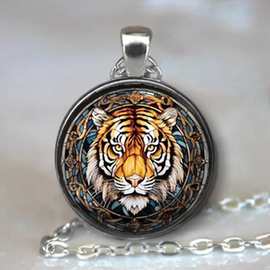 跨境欧美饰品老虎图片钥匙扣个性时尚装饰挂件新款项链玻璃吊坠