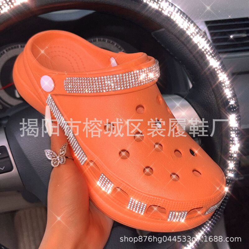 Cross-border rhinestone women's shoes thick-soled beach sandals summer Baotou high-heeled hole shoes sandals bling clogs Cross-border rhinestone women's shoes thick-soled beach sandals summer Baotou high-heeled hole shoes sandals bling clogs