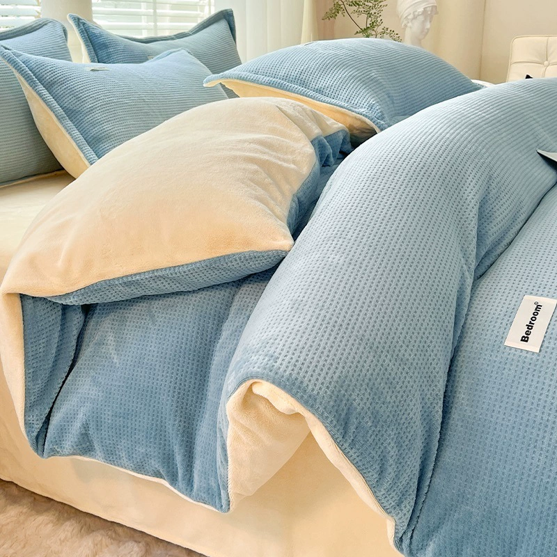 velvet warm jeans, coral set, warm sheet, flannel suede duvet cover, 4 piece set, bedding