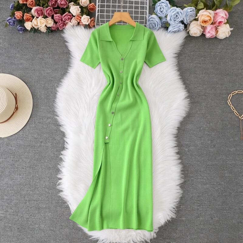 Summer European and American Cross-Border Knitted Dress, Elegant Slim-Fit Slit Sweater Dress, Short-Sleeved Amazon Foreign Trade Long Dress