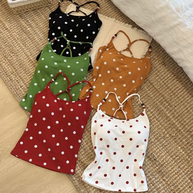 Hot girl beaded polka dot camisole with chest pads, summer dopamine red slim-fit sleeveless top ins