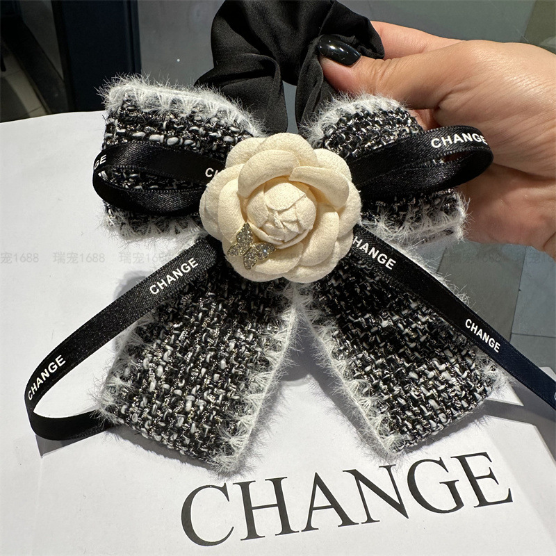 2023年新款小香風山茶花發圈蝴蝶結大腸圈百搭發繩女布藝頭繩髮飾