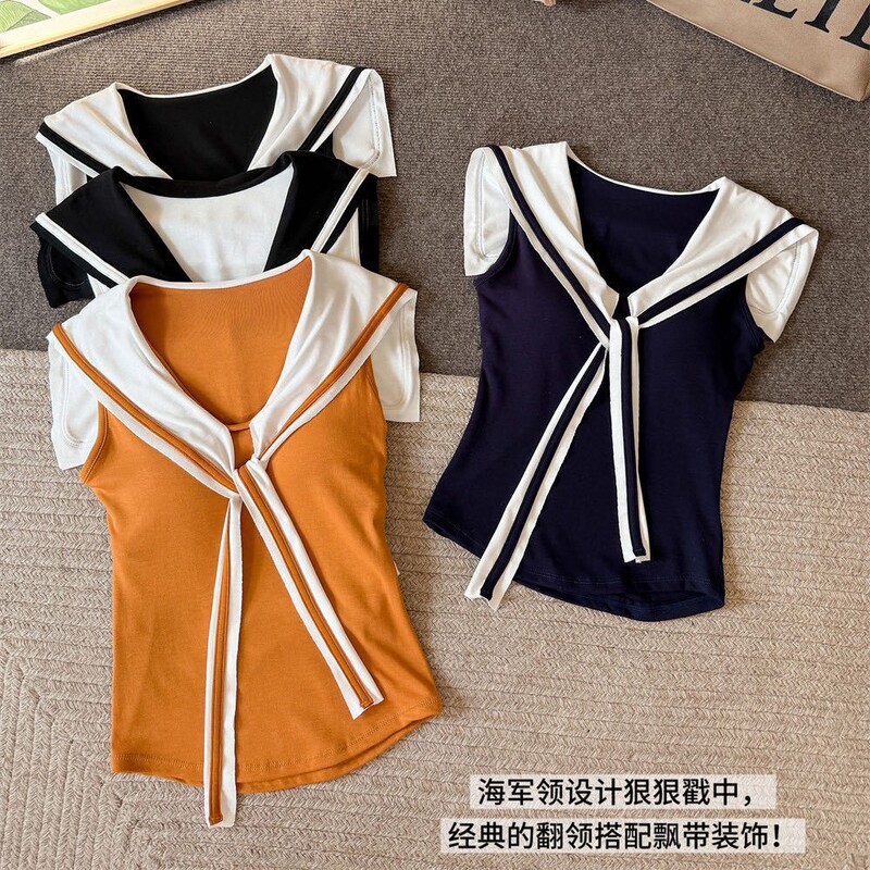 College-Style Navy Collar Color-Blocked Shawl Tie Fake Two-Piece Camisole for Women with Chest Pads Versatile Design Top