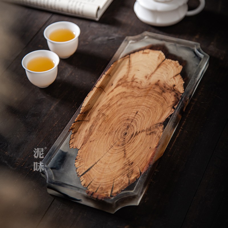 Estilo nórdico de resina epoxi bandeja de madera bandeja de té yabei ébano de madera maciza bandeja de burbujas secas Placa de resina de tinta anti-escaldar bandeja de olla