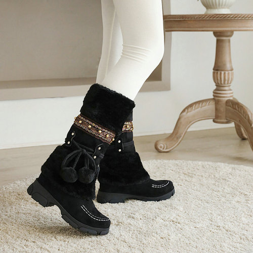 Ethnic Storm Zebra Plush Ball Ankle Boots Thick Sole Martin Boots Fuzzy Snow Boots Plus Size Dropshipping