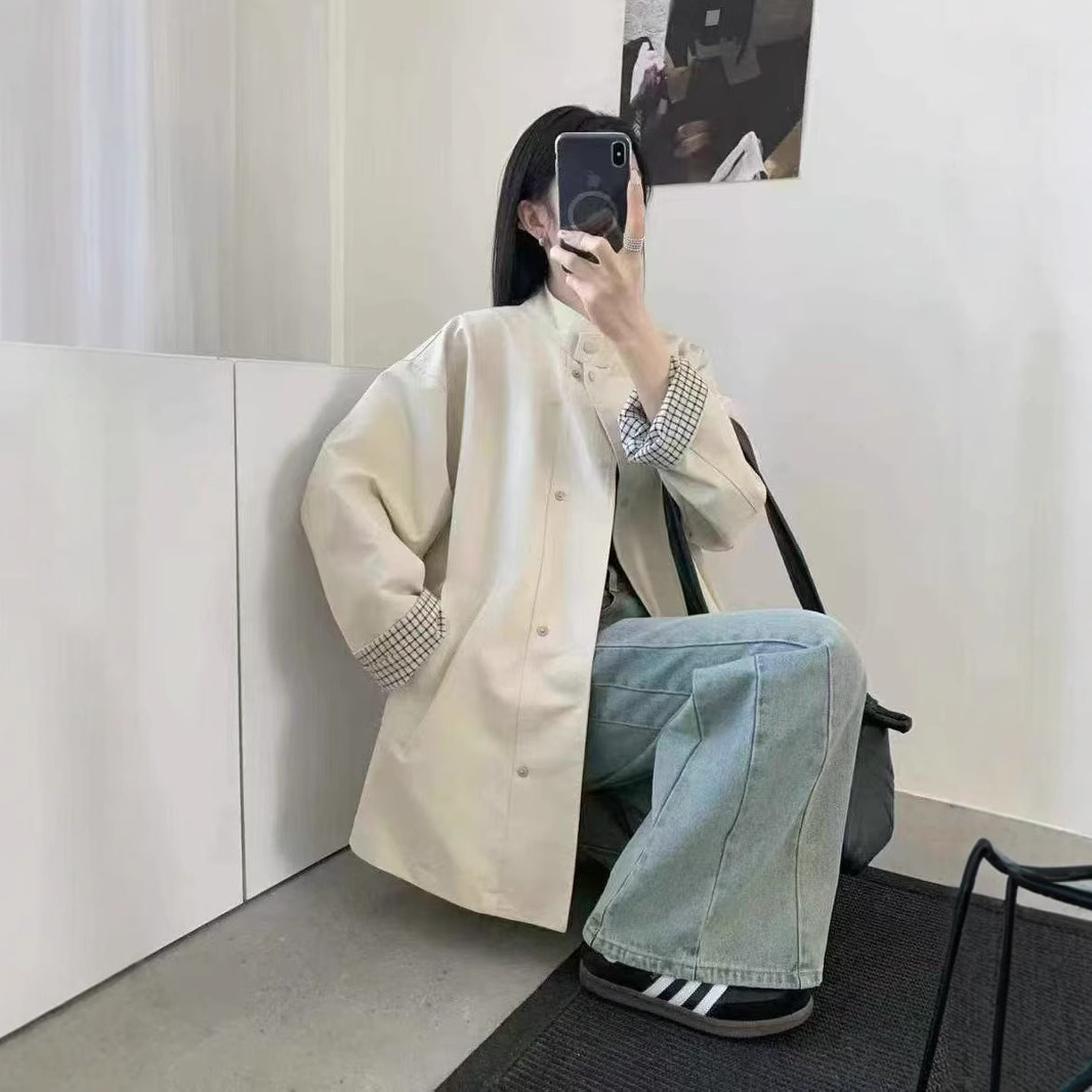 25 Spring Windbreaker Mori Style New Korean Style Elegant Plaid Sleeve Windbreaker Loose Casual Simple Wide Coat for Women