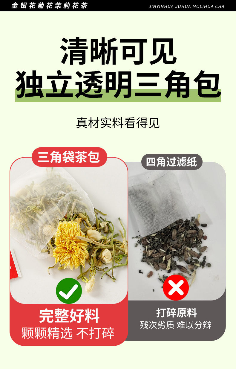 Three Flower Tea San Hua Cha Chrysanthemum Honeysuckle Jasmine Tea 50 Cold Brew Pyramid Tea Bags 100g key features