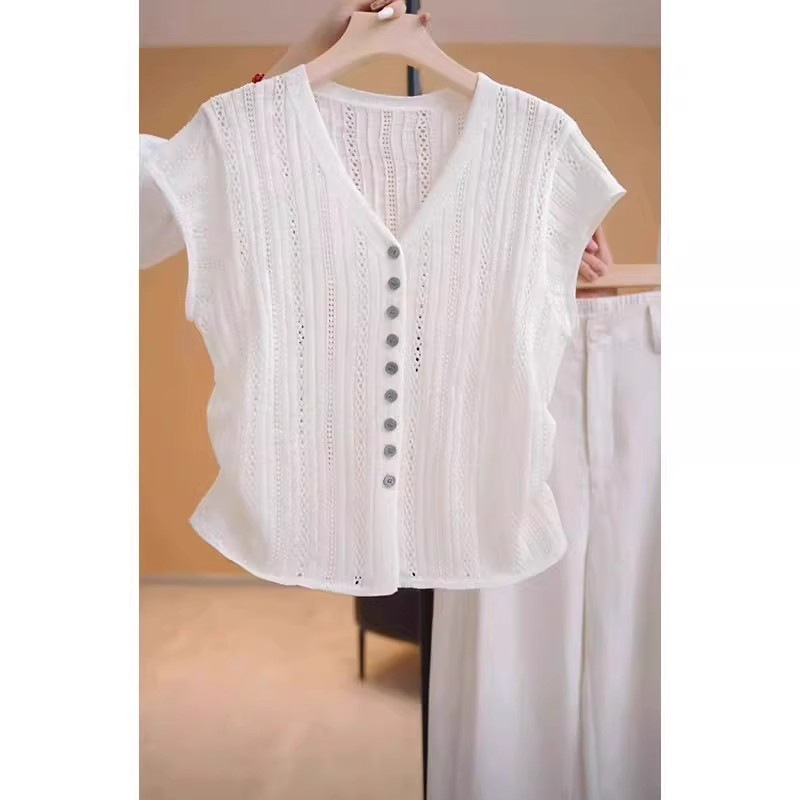 Fashionable and Elegant Casual Tencel Linen Knit Top for Women, Summer Fly Sleeve Hollow-Out High-End V-Neck Thin Blouse Fashionable and Elegant Casual Tencel Linen Knit Top for Women, Summer Fly Sleeve Hollow-Out High-End V-Neck Thin Blouse