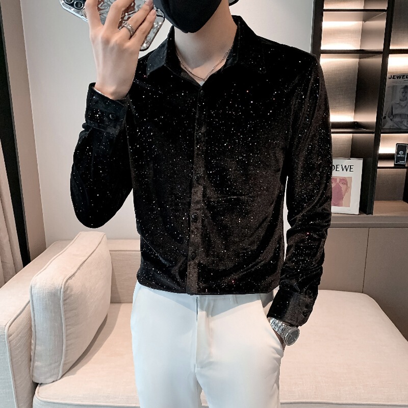 Cross-border 2026 new men's long-sleeve fashion shirt with sequins, men's social youth gold velvet shirt