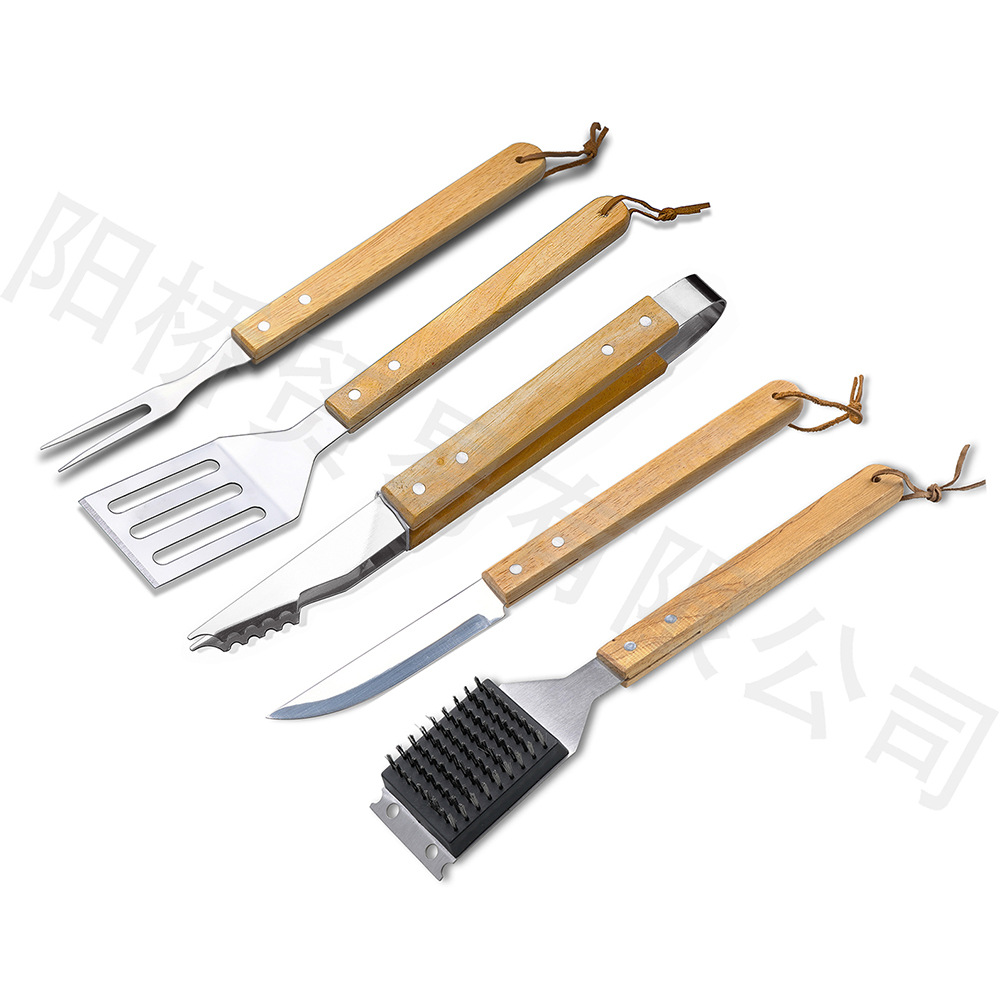 Venta al por mayor Amazon barbacoa herramienta combinación traje de acero inoxidable herramienta para hornear cuchillo pala tenedor clip mango de madera herramientas de cocina
