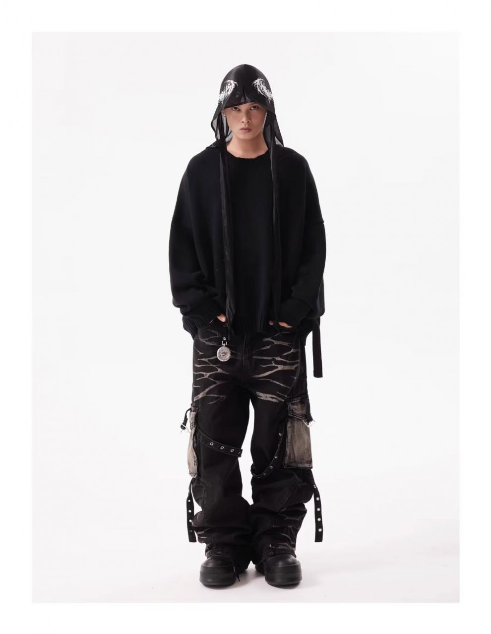 Jean cargo rétro ondulé à poches multiples et lacets pour homme, coupe droite, robuste et ample._voghion.com