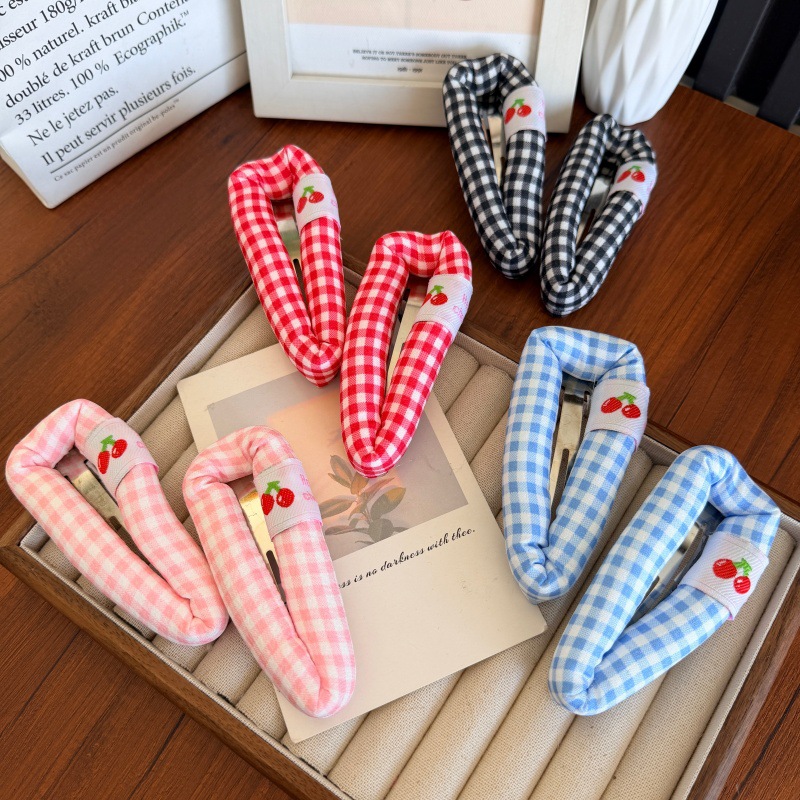 Cute Candy-Colored Plaid Cherry Hairpin Fluffy Face Wash Large Bb Hairpin Sweet Girly Heart Bangs Clip