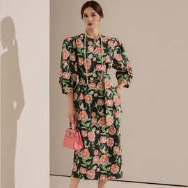 跨境春夏新款韩版时尚大气感轻奢女神范印花花朵显瘦连衣裙
