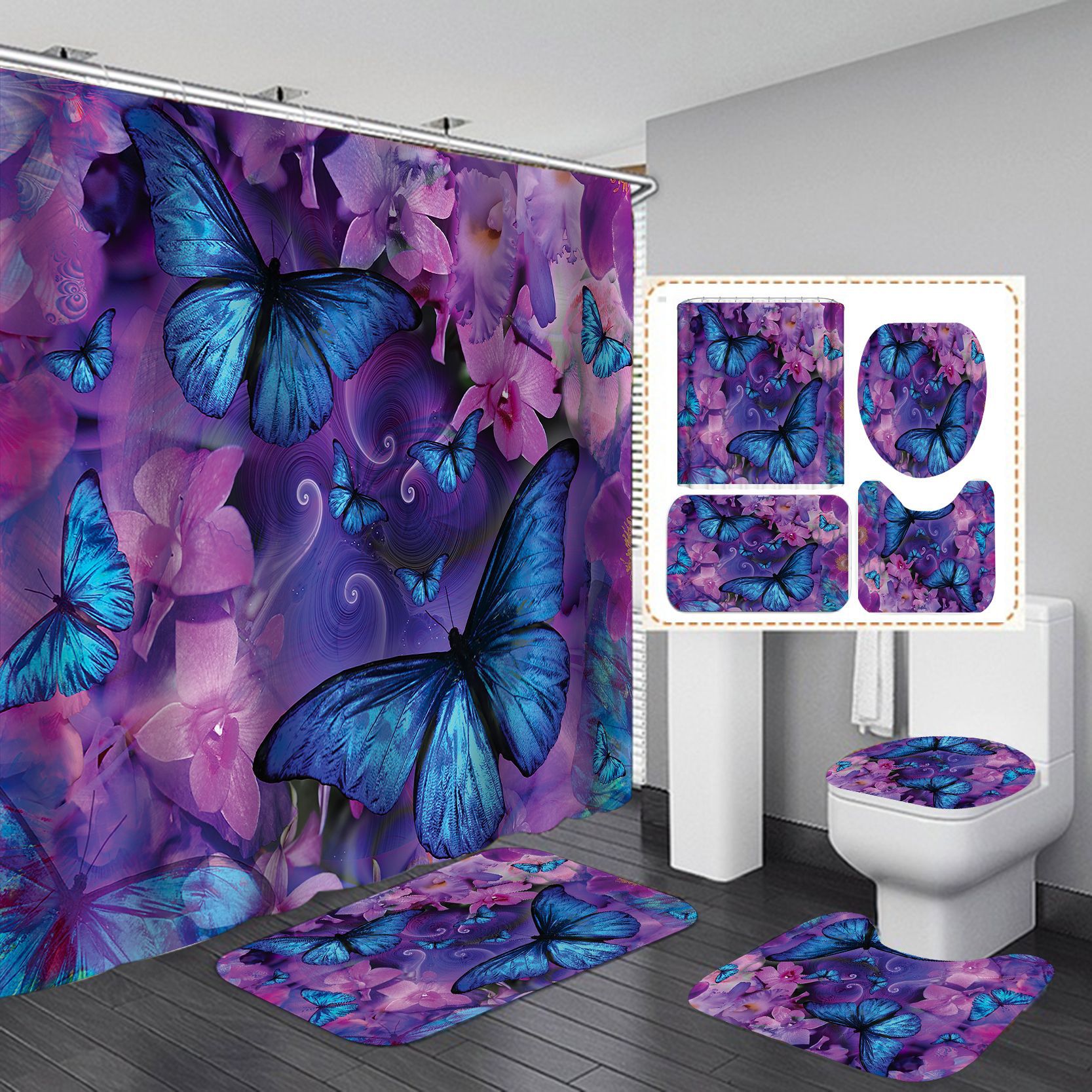 Flor de mariposa impresa cortina de baño a prueba de agua a prueba de moho nuevo tipo de tela retro sin perforación baño cortina de baño
