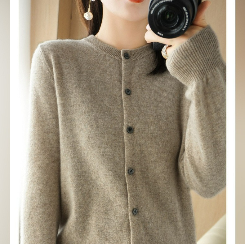 demi-season woolen thin cardigan with a round collar