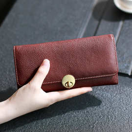 蒂妃妮斯真皮钱包新款女长款薄头层牛皮简约欧美复古锁扣两折钱夹