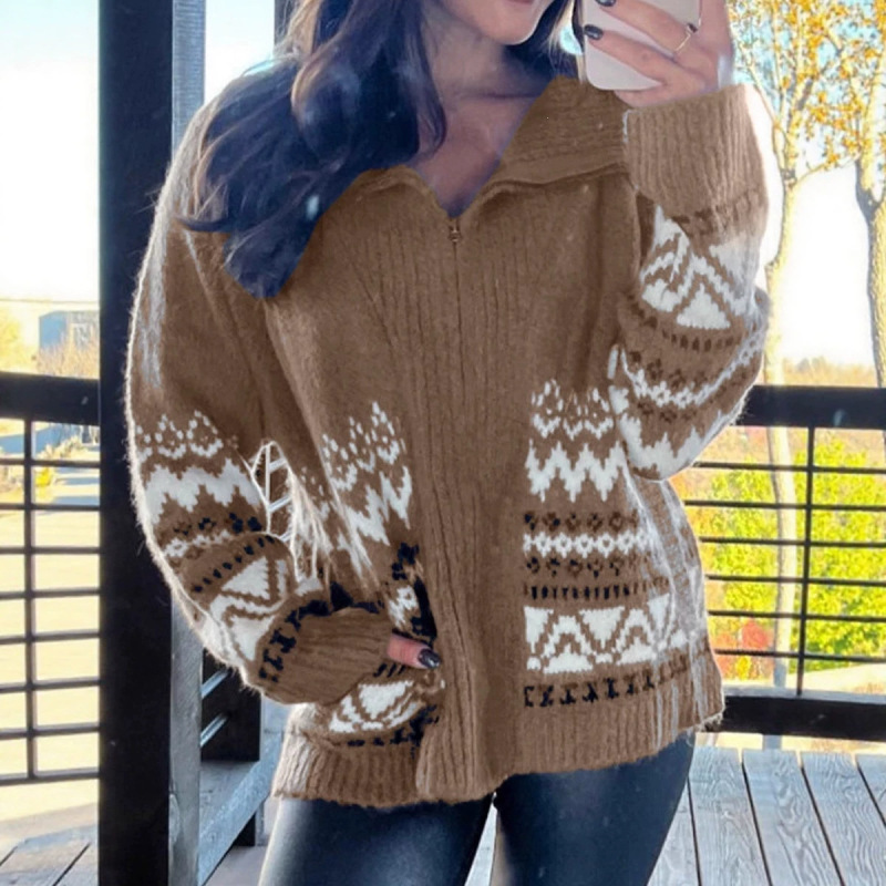 Independent Website Cross-Border Hot-Selling New Winter Style Women's Long-Sleeve Collared Top, European and American Fashion Western Print Knit Sweater for Women