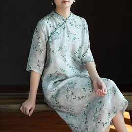 七分袖印花连衣裙2026夏季新款女复古宽松盘扣改良旗袍