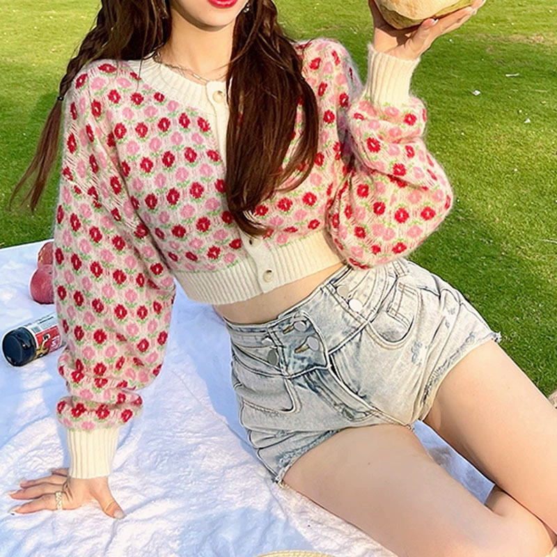 Новая женская кардиган-куртка из жаккарда 2025 года, свободного кроя в корейском стиле, короткий вязаный свитер для женщин на раннюю весну.