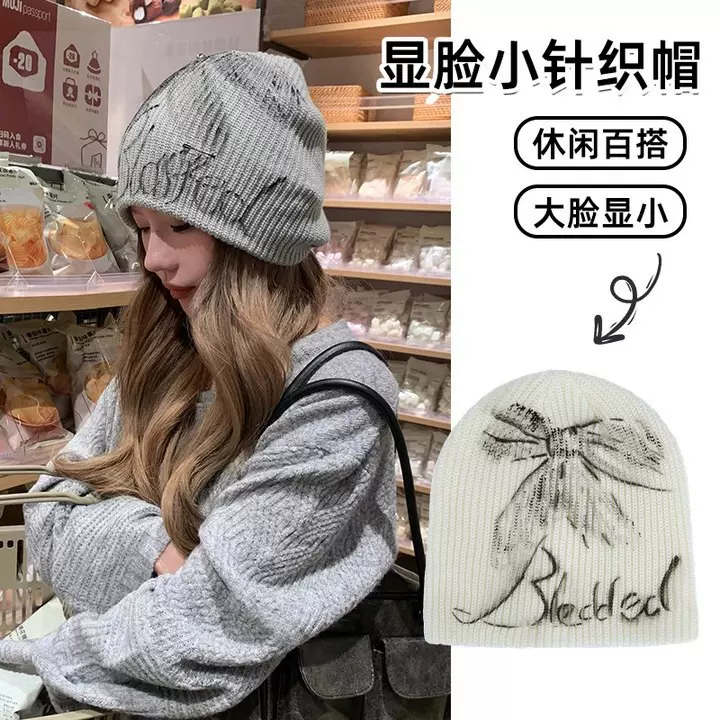 美式薄款针织毛线帽子女款2025新款字母刺绣大头围包头堆堆冷帽潮