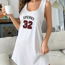 跨境TEMU外贸女装32印花背心无袖睡裙字母图案短裙欧美风家居服