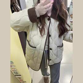 早秋2025新款日系复古棉袄加厚小个子棉衣外套撞色翻领菱格棉服女