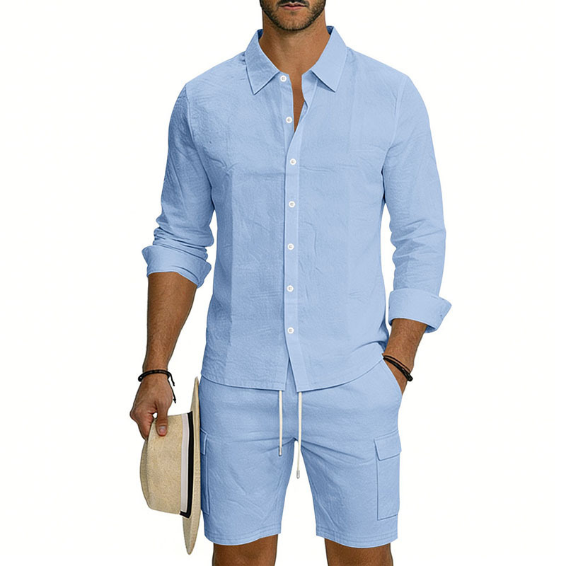 Summer Men's Linen Long Sleeved Shirt Casual Loose Fit Style With Multi Pockets Cargo Shorts Set_viptrois.com