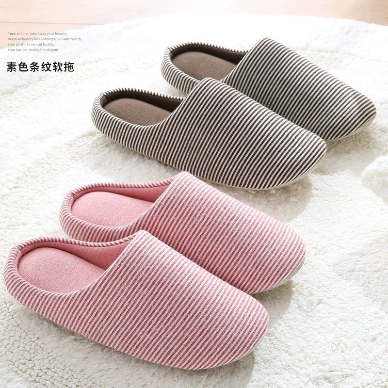 Простые полосатые тапочки с мягким дном из искусственной кожи с клетчатым дном, Нескользящие немые осенне-зимние хлопковые тапочки, новые домашние тапочки для пары