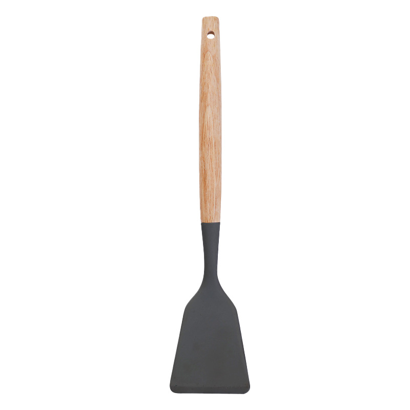 Source Factory Mango de madera Cocina de utensilios de cocina de silicona Juego de 3 piezas de pala, cuchara de sopa, pala de freír, pala, utensilios de cocina resistentes a altas temperaturas