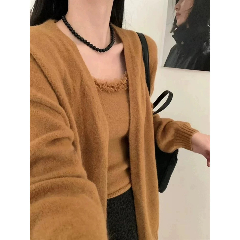 YS韩版休闲纯色蕾丝边吊带背心针织开衫外套显瘦慵懒风毛衣两件套|undefined