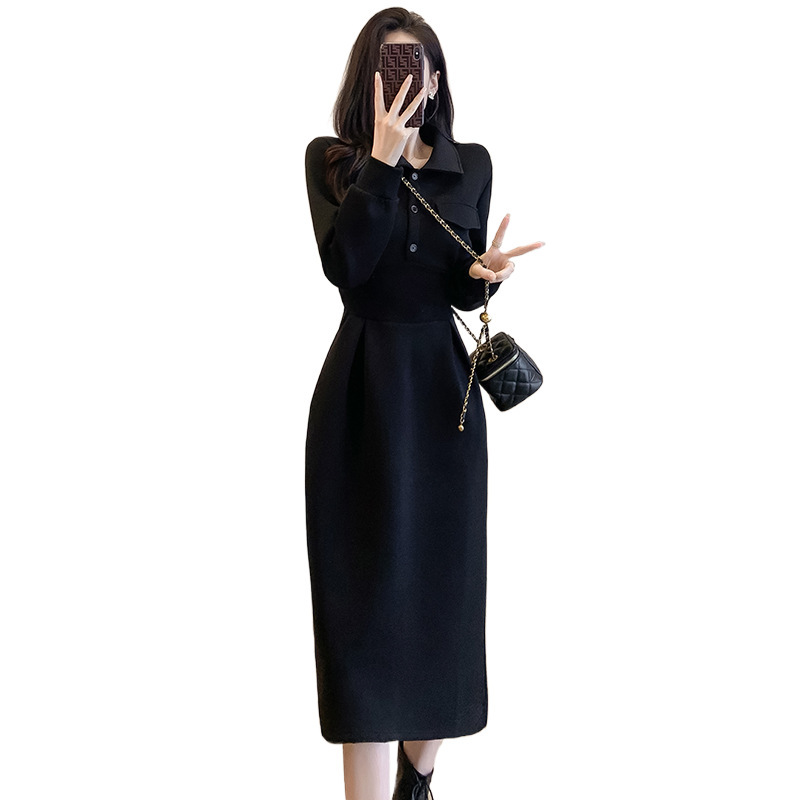 2025秋季新款女装赫本风黑色休闲polo连衣裙收腰气质高级感A字裙|undefined