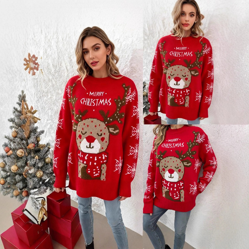 European and American Cross-Border Pullover Round-Neck Reindeer Jacquard Knit Sweater, Mid-Length Top, Christmas Inner Wear, Loose Sweater for Women European and American Cross-Border Pullover Round-Neck Reindeer Jacquard Knit Sweater, Mid-Length Top, Christmas Inner Wear, Loose Sweater for Women