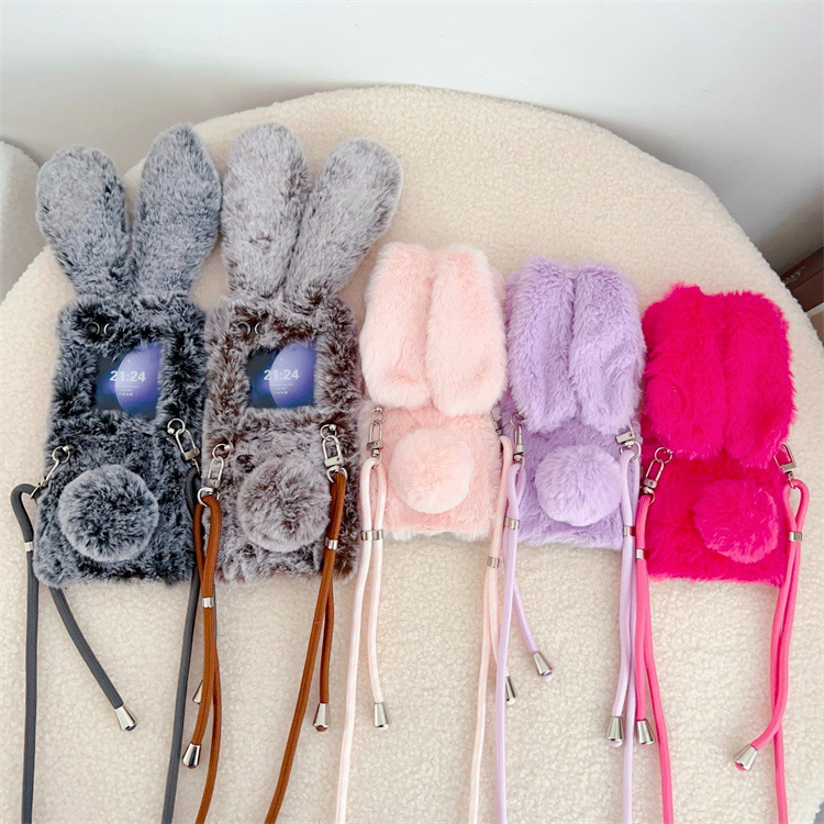 For Samsung GalaxyZFlip6 Folding Screen Plush Rabbit Ears Crossbody Rope Mao Mao Case Protective Cover Japan and Korea