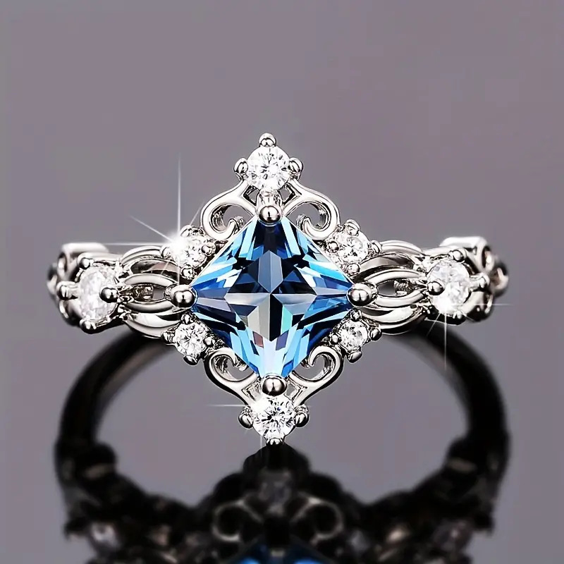 Wish Hot-Selling Silver-Plated Ring with Blue Zircon, Fashionable and Exquisite Women's Holiday Pattern Ring Wish Hot-Selling Silver-Plated Ring with Blue Zircon, Fashionable and Exquisite Women's Holiday Pattern Ring
