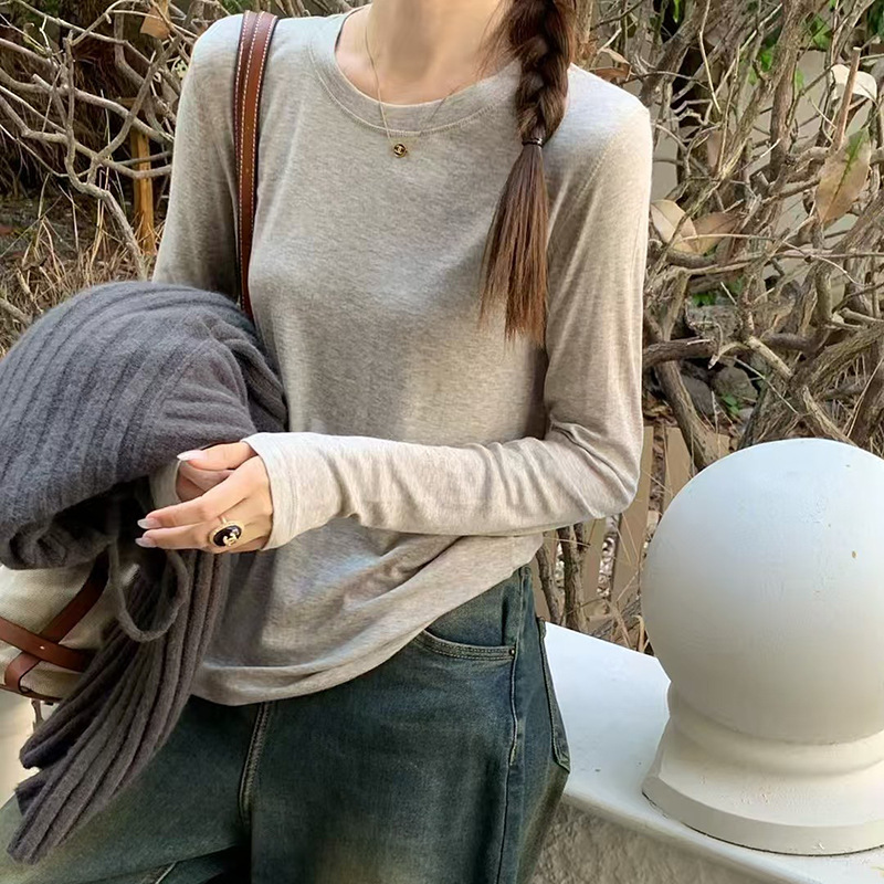 秋季新高级感高弹软糯纯色圆领长袖正肩打底衫女内搭打底T恤上衣|undefined